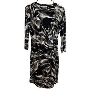 Calvin‎ Klein Dress Abstract Print 3/4 Sleeve Sheath Career Black Gray Sz Med